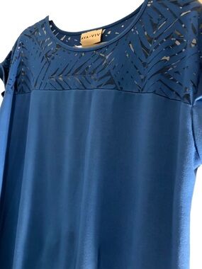 Ava & Viv Dark Blue Short-Sleeve Top with Patterned Yoke, 1X
